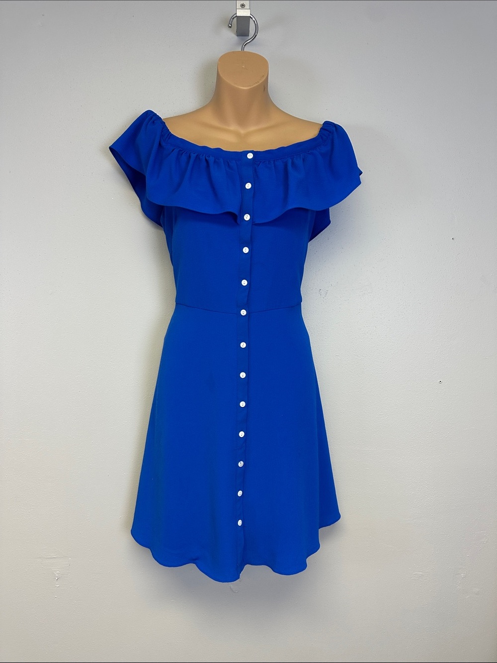 Off-Shoulder Ruffle Button-Front Dress in Royal Blue
